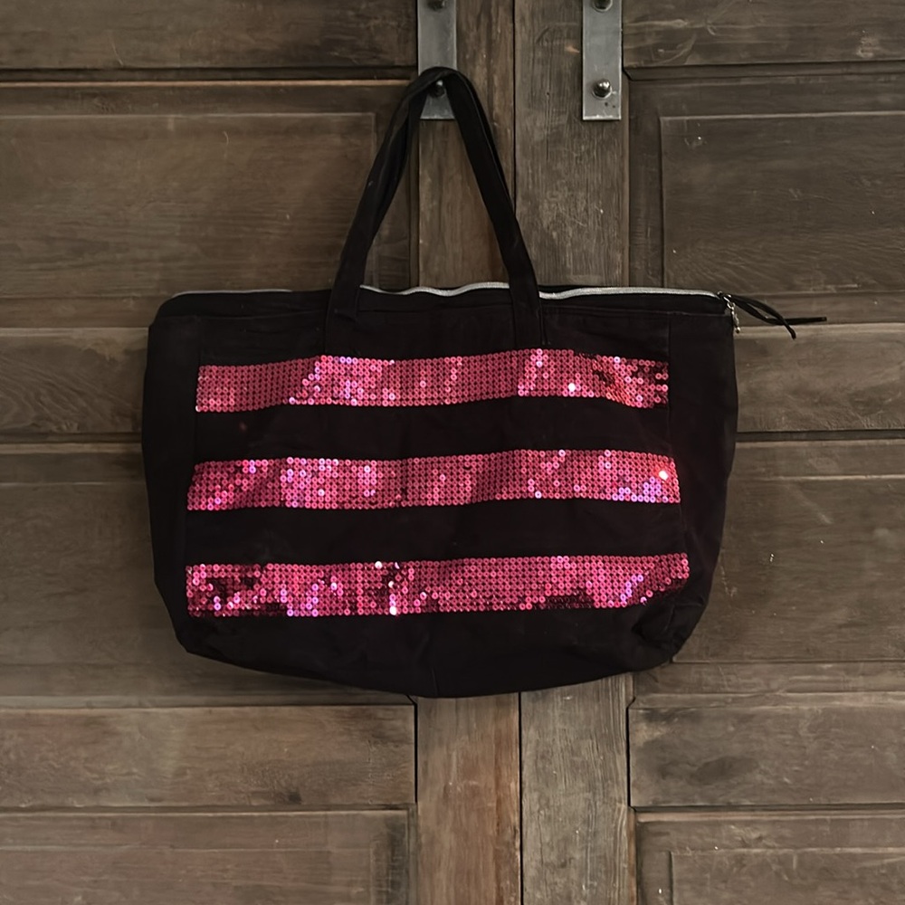 Victoria Secret PINK Pink & Black Sequin Stripe Logo Weekender Tote - Picture 3 of 6